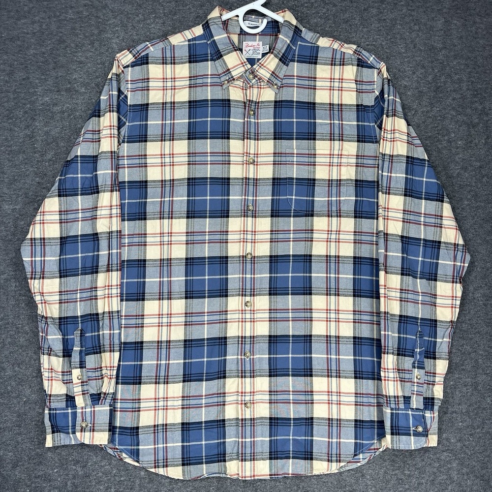 J.Crew Shirt Mens XLT Beige Blue Plaid Broken in Oxford OCBD Long Sleeve
